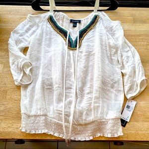 Beaded Cold Shoulder 3/4 Sleeve Lightweight Sheer White Blouse w/ Elastic Waist